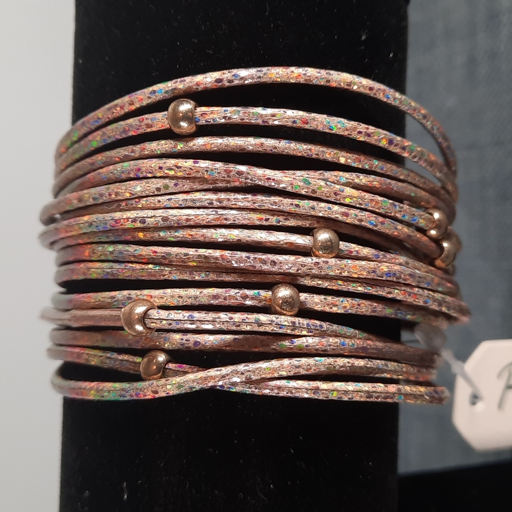 Strand Bracelet Iridescent Shimmer Taupe Tan Gold Metal Beads Accent Magnetic
